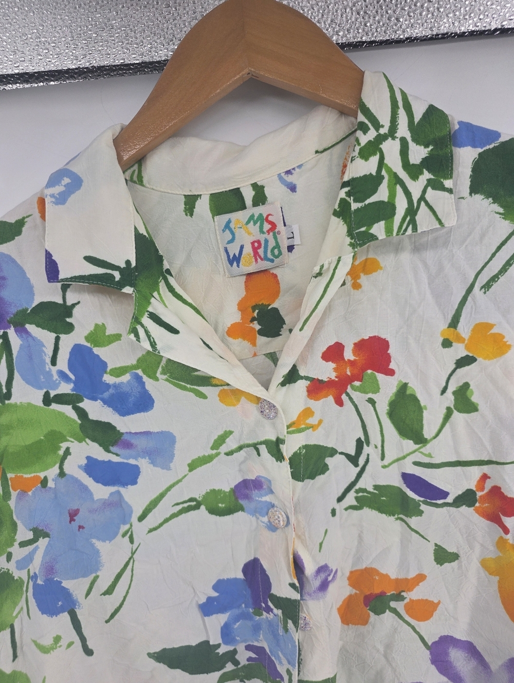 Jams World Button Up Shirt Women Large White  Multicolor Tropical Flowers